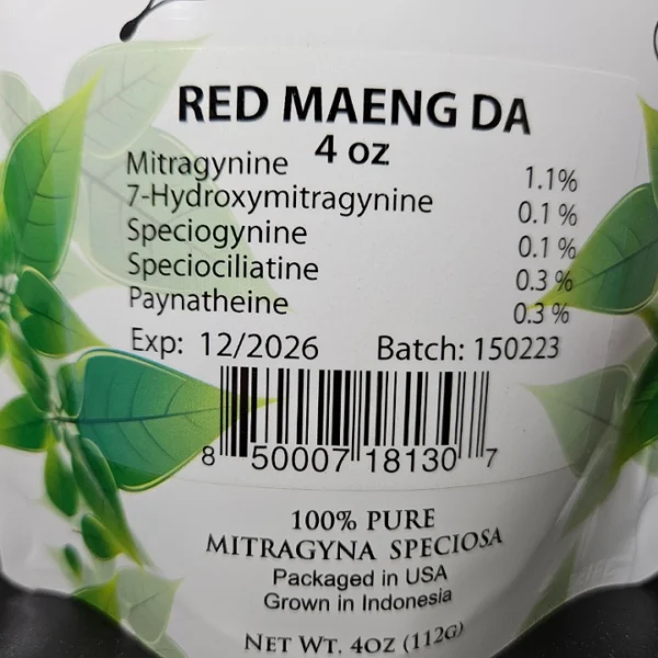 Package of Red Maeng Da kratom powder batch 150223 showcasing listed kratom alkaloids and on the front.