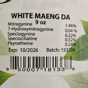 White Maeng Da Batch 153206: Front Packaging with Listed Kratom Alkaloids.
