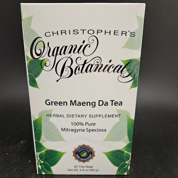 Box of 20 Green Maeng Da tea bags crafted from premium green crushed leaf kratom.