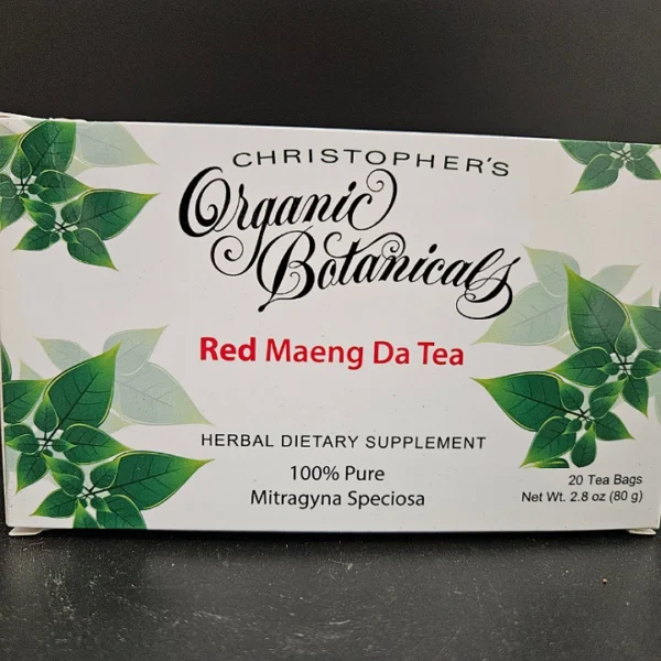 20-count box of Red Maeng Da tea bags, produced from finely crushed red leaf kratom.
