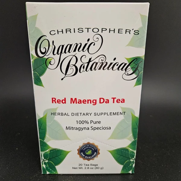 20-count Red Maeng Da tea bags: premium red crushed leaf kratom for a robust brew.