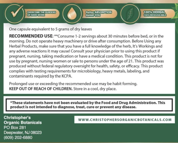 COB Purified Kratom Plus Capsules: Warning Label and Recommended Use.