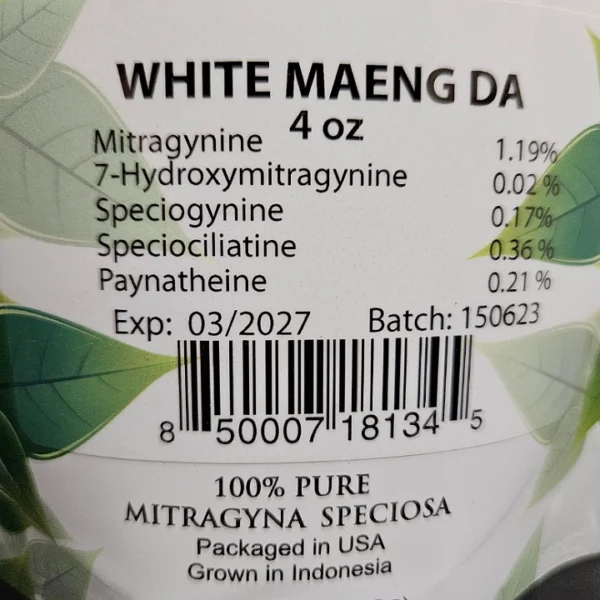 White Maeng Da Batch 150623: Premium Kratom with Potent Alkaloids and expiration date for transparency..