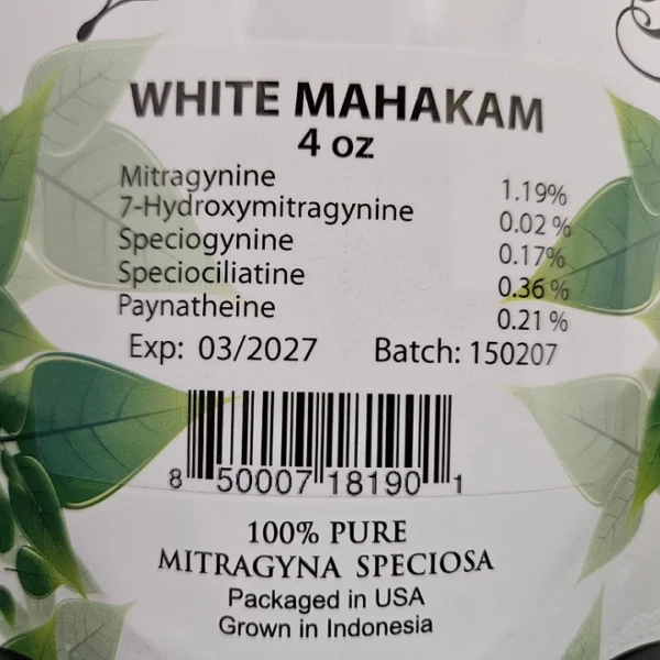 Premium White Mahakam Batch 150207 Packaging: Fresh and Sealed with expiration date and a list of kratom alkaloids for transparency..