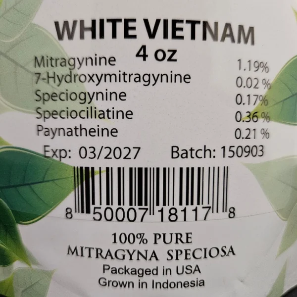 Freshly Packaged White Vietnam Batch 150903: High-Quality Kratom with expiration date and a list of kratom alkaloids for transparency..