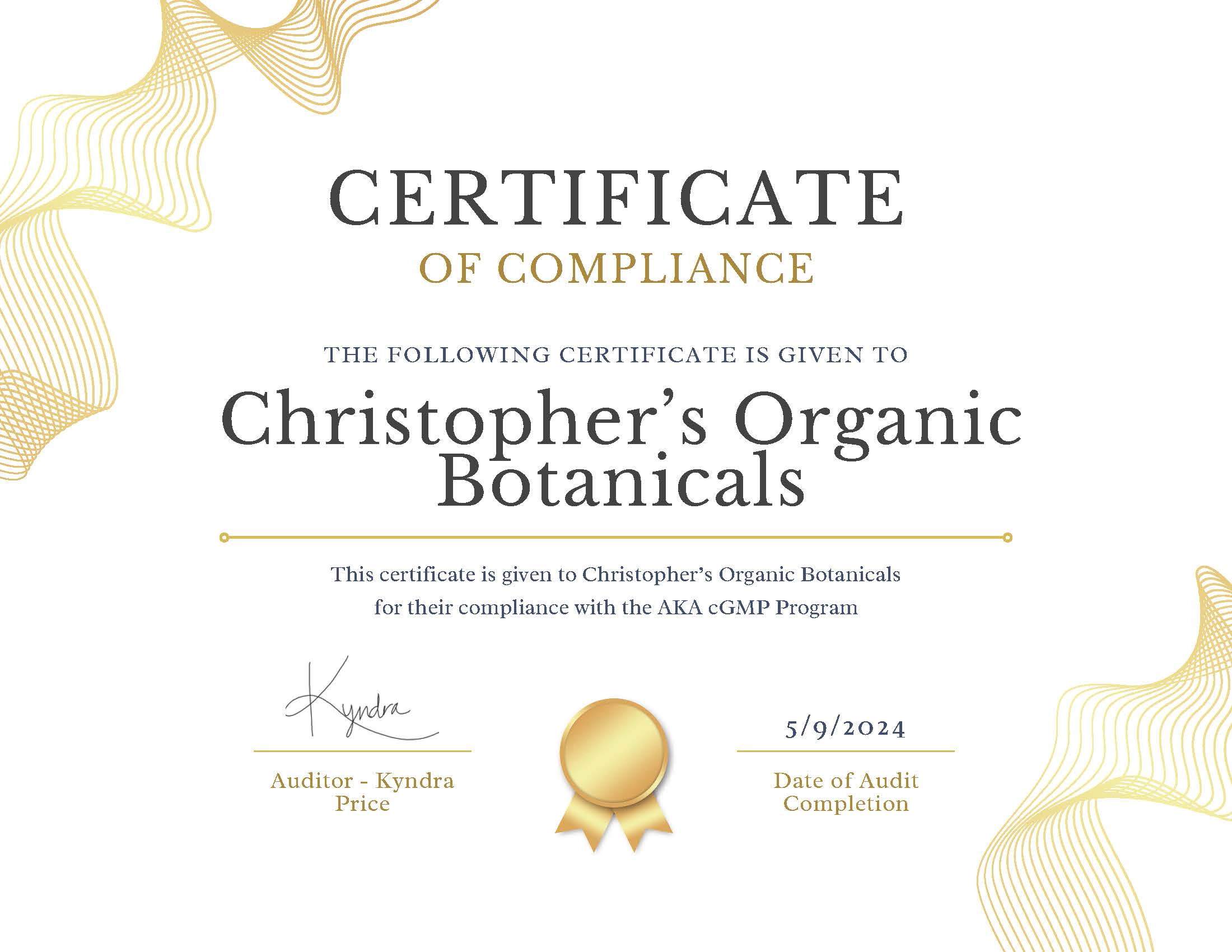 Certificate of Compliance for Christopher's Organic Botanicals Passing the American Kratom Association cGMP Program.