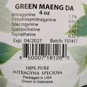 Green Maeng Da 151417 Front Package Showing Kratom Alkaloids and Expiration Date.
