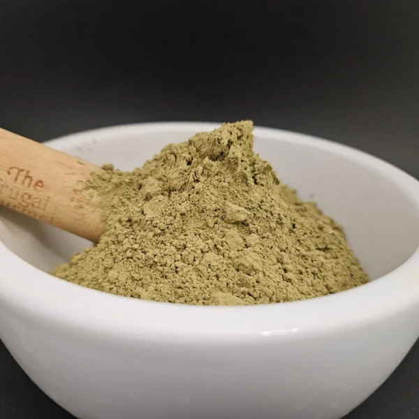 Green Maeng Da Finely Ground Kratom Powder Batch 151417 Displayed in an Apothecary Bowl.