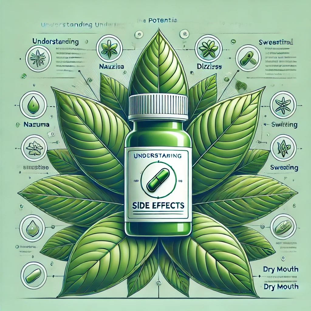 Illustration of Kratom side effects with a bottle of Kratom capsules surrounded by icons representing nausea, dizziness, sweating, and dry mouth.