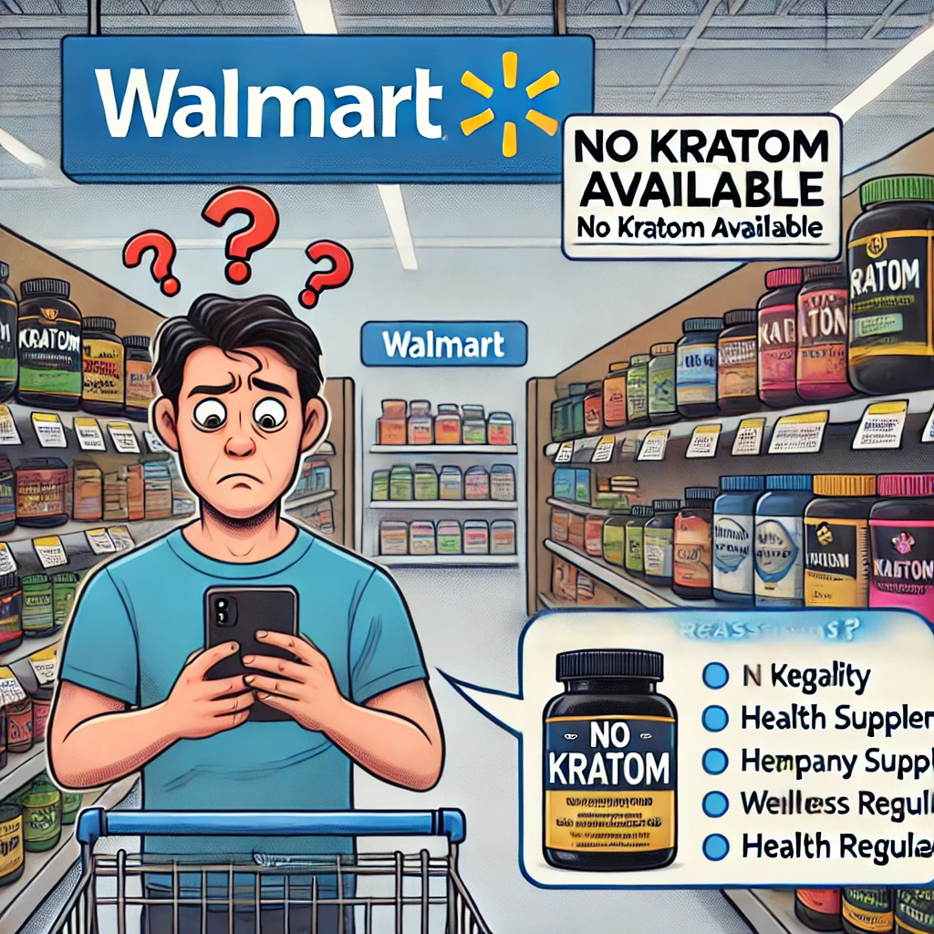 A Walmart aisle with a sign reading 'No Kratom Available', a confused shopper holding a smartphone, and surrounding health supplements.