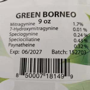 List of kratom alkaloids on the front of Green Borneo Batch 152703 package