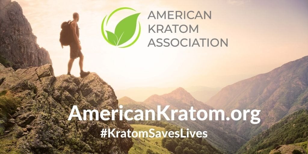 A man hiking on a mountain without discomfort, with the American Kratom Association logo in the corner, symbolizing the positive impact of Kratom on his wellbeing. #KratomSavesLives Americankratom.org