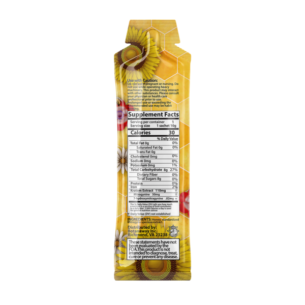 Back view of Honey Kratom package showing nutritional information, ingredients, and usage instructions.