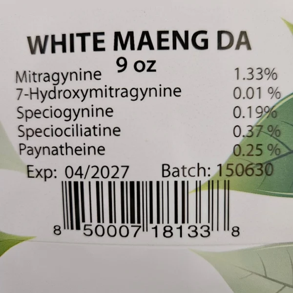 White Maeng Da Kratom Batch 150630 Alkaloid Percentages - Detailed analysis of Mitragynine and 7-Hydroxymitragynine levels.