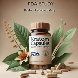 Kratom capsules on a clean surface with scientific lab equipment in the background, representing the FDA study on kratom's safety.