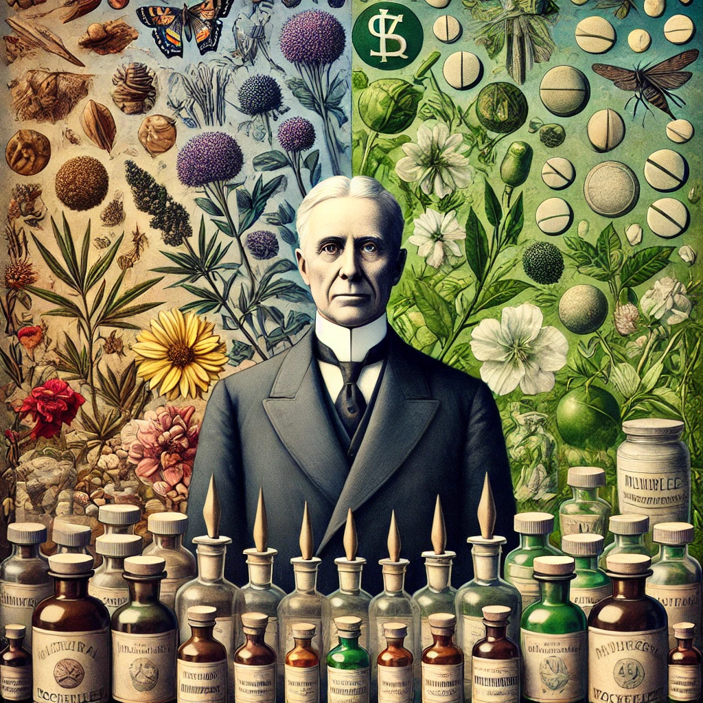 Illustration of John D. Rockefeller standing between traditional herbal remedies and modern pharmaceutical drugs, symbolizing his influence in transitioning from natural to synthetic medicine.