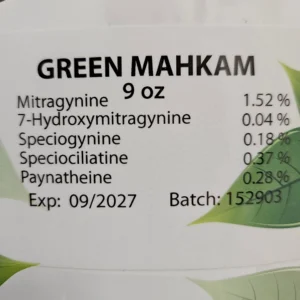 Green Mahakam Kratom Package - Front View with Alkaloid Percentages