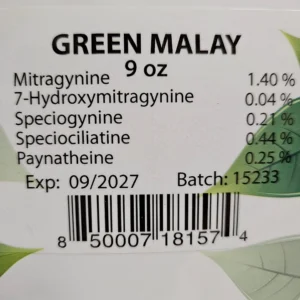 Green Malay Kratom Package - Front View with Product Details