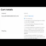 Cart totals displayed on an online shopping cart, showing subtotal, shipping options, and total price.