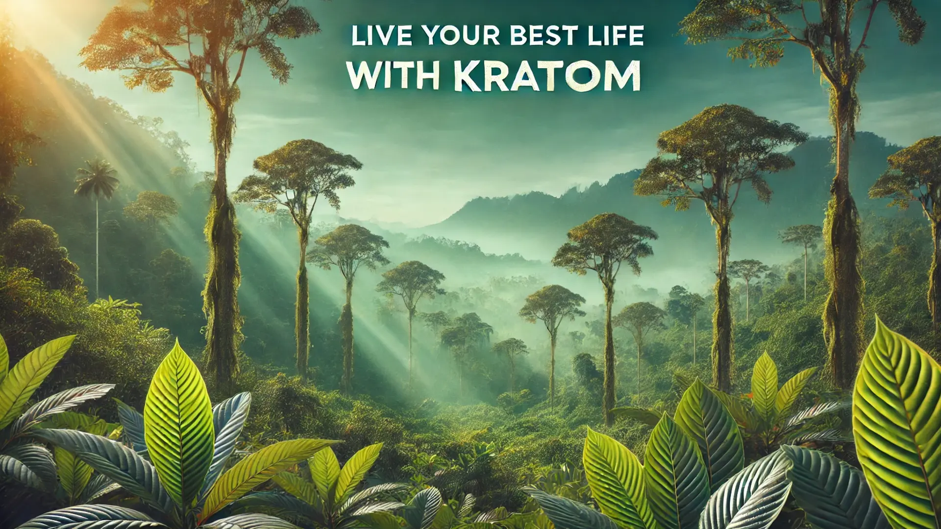 Scenic view of kratom trees in a lush Indonesian forest with the text overlay: 'Live Your Best Life with Kratom.