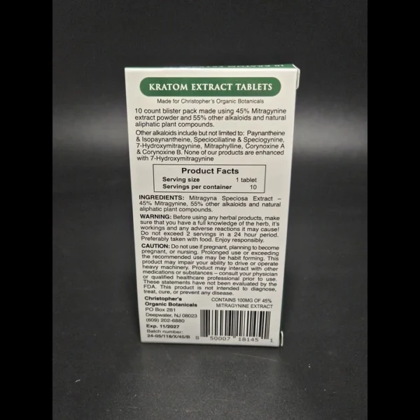 Christopher's Organic Botanicals 45% Extract Tablet: Back Panel Product Facts. Unlock the nutritional insights of our premium product.