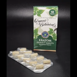 45% kratom extract tablets in a front-facing box with a blister pack displayed, highlighting premium kratom products and packaging.