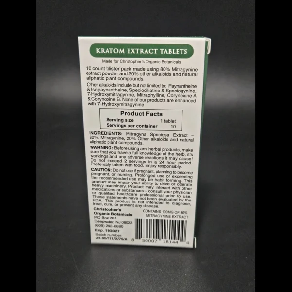 Christopher's Organic Botanicals: 80% Kratom Extract Tablet - Back of the Box with Product Facts and Serving Size.