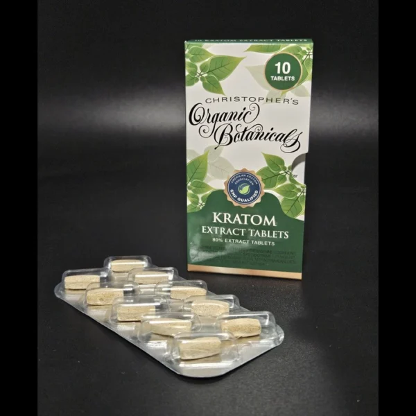 80% kratom extract tablets in a front-facing box with a blister pack, showcasing premium kratom product packaging.