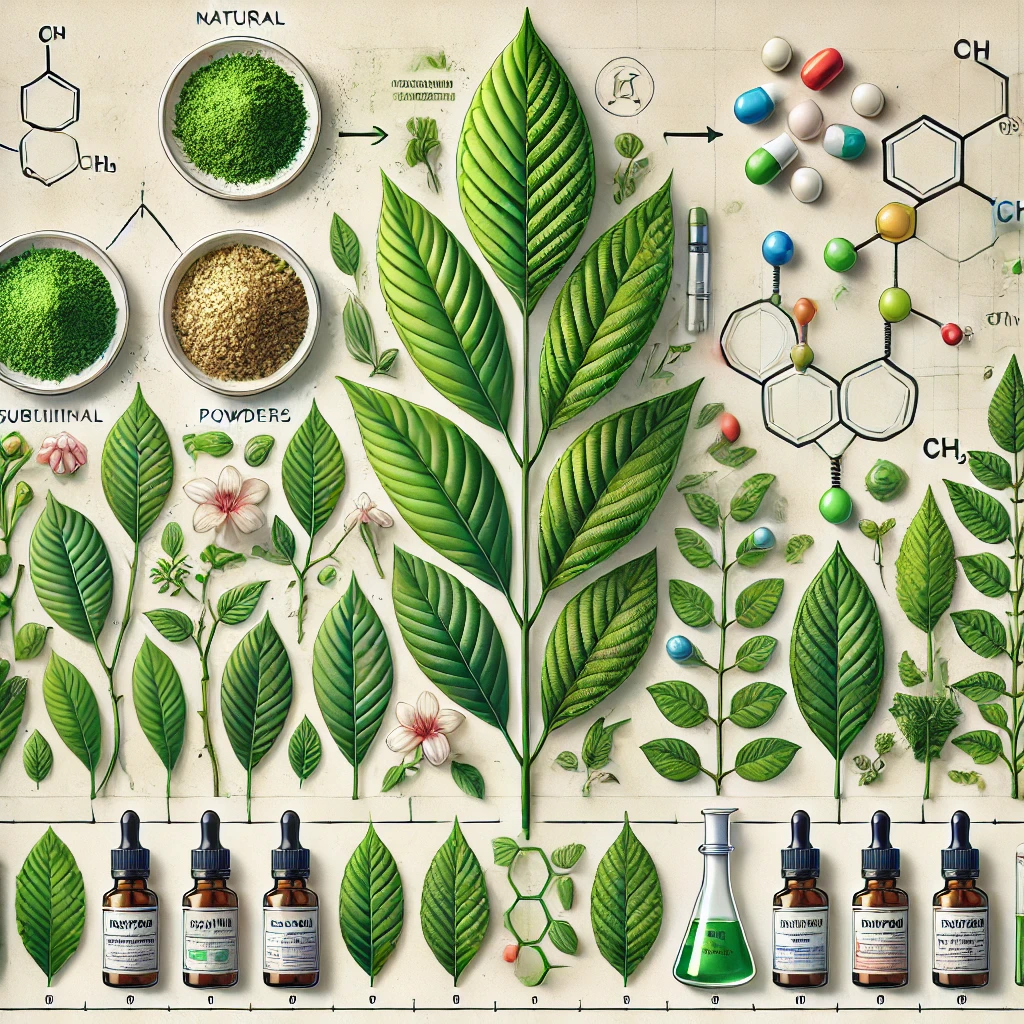 Illustration showing the progression of natural kratom products to semi synthetic 7-hydroxymitragynine from natural green leaves and powders to modern innovations like sublingual tablets, nasal sprays, and semi-synthetic chemical structures, with a blend of nature and science in the background.