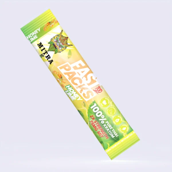 Front view of a Mitra-K FastPacks Honey Lime box with a single sachet displayed, highlighting its vibrant packaging and premium Kratom energy blend.