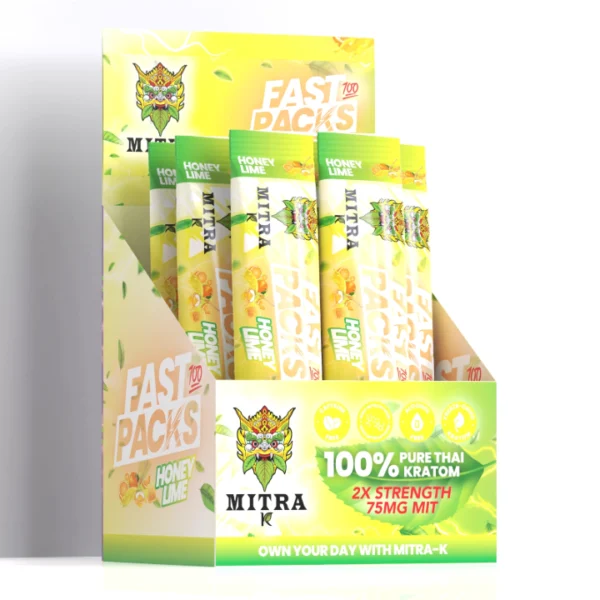 Display of Mitra-K FastPacks Honey Lime flavor sachets, showcasing their vibrant packaging and natural, refreshing energy boost.