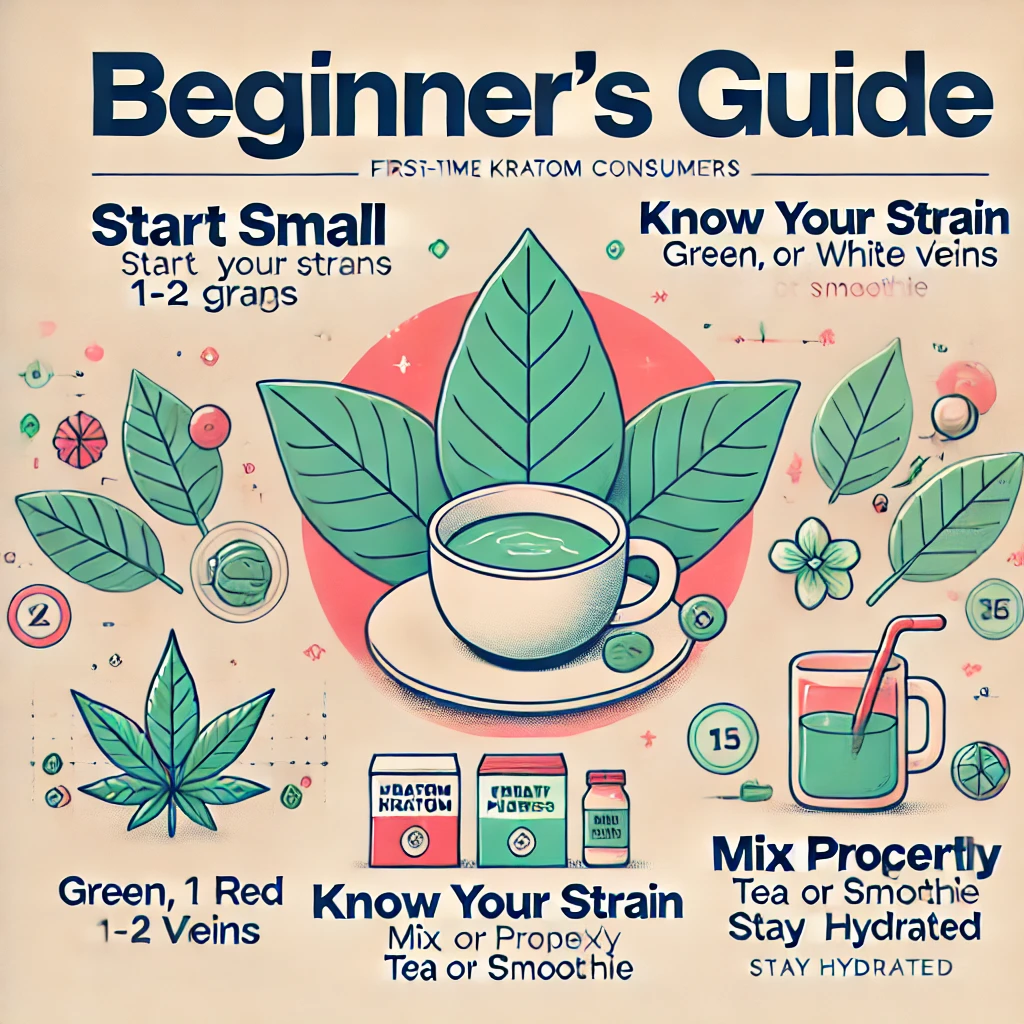 Illustration featuring kratom leaves, a tea cup, and labeled steps for first-time kratom use, including 'Start Small,' 'Know Your Strain,' 'Mix Properly,' and 'Stay Hydrated,' with a modern pastel design.