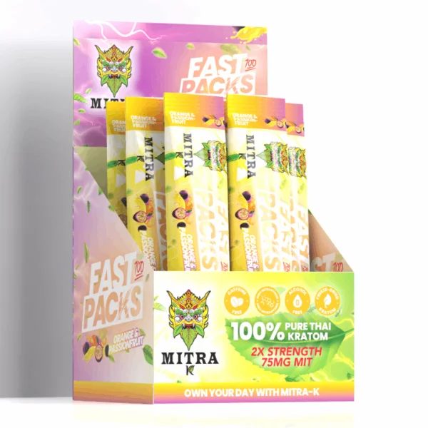 Box display of Orange and Passionfruit Mitra K FastPacks – multiple single-serve kratom packs arranged for easy access.